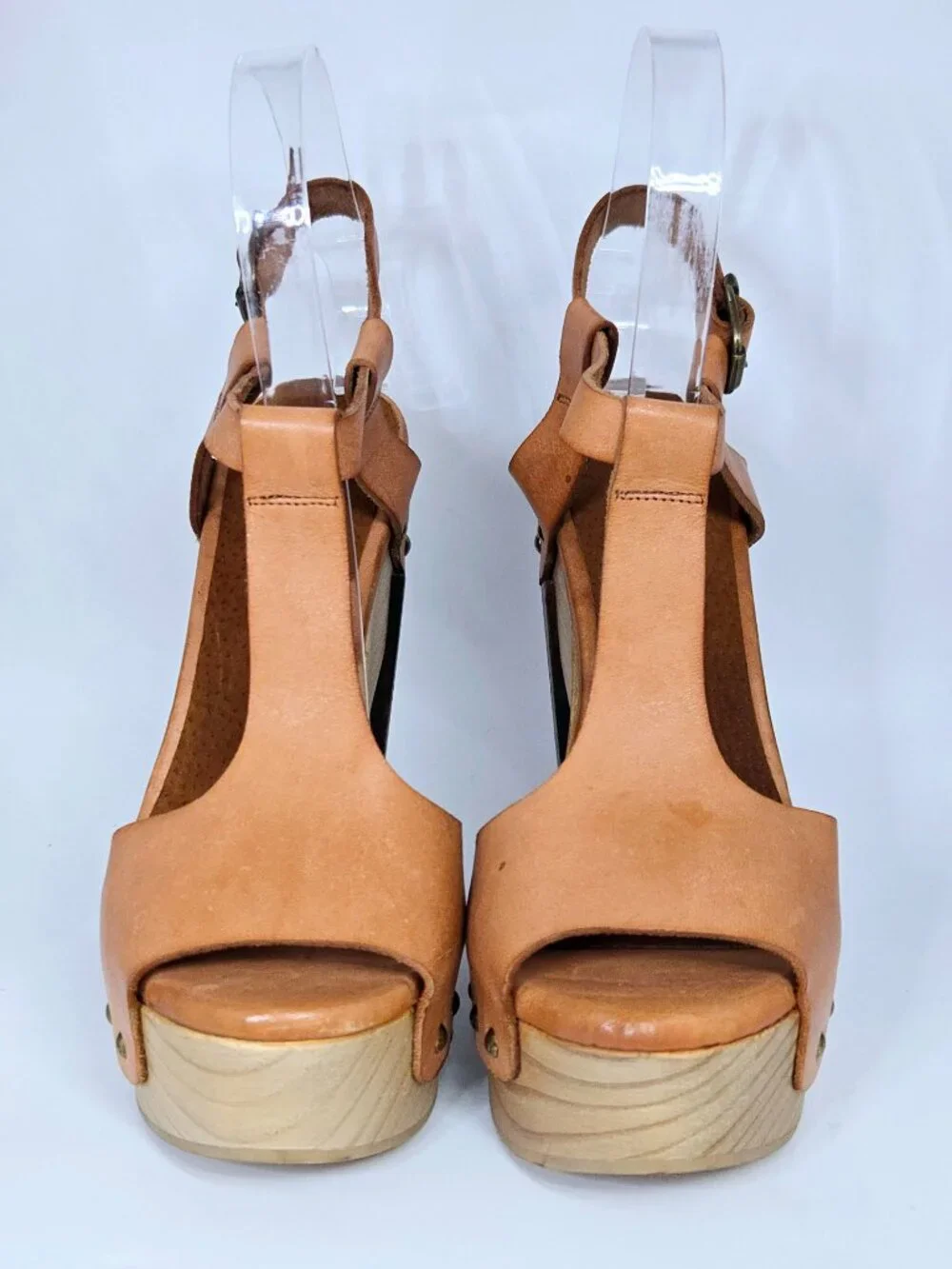 Y2K Sixtyseven Unreleased Sample Tan Leather Studded Platform T Strap Heels 37